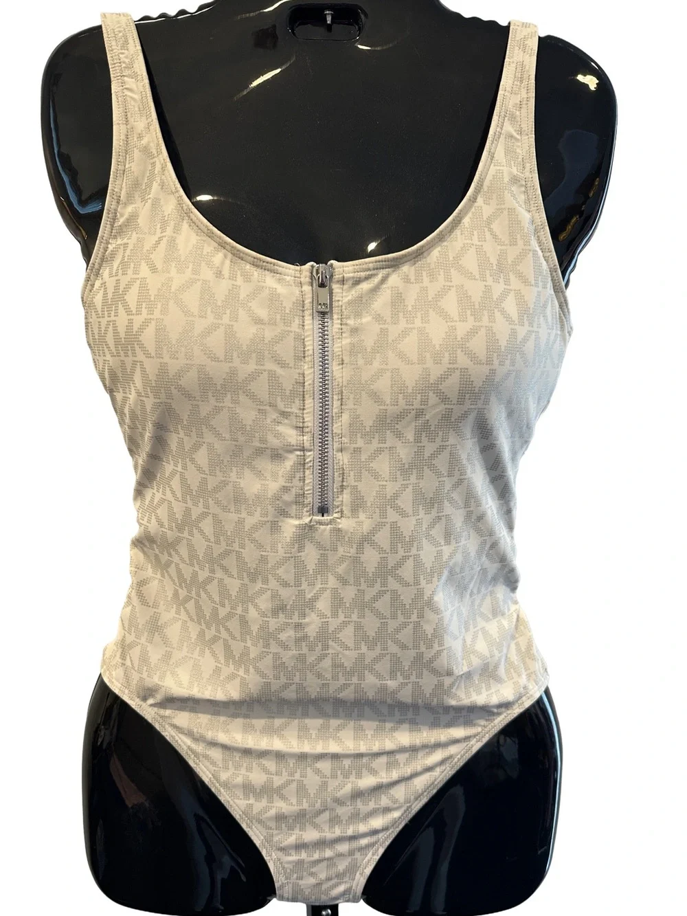MICHAEL Michael Kors Silver White Logo Zip-Front One-Piece Swimsuit S